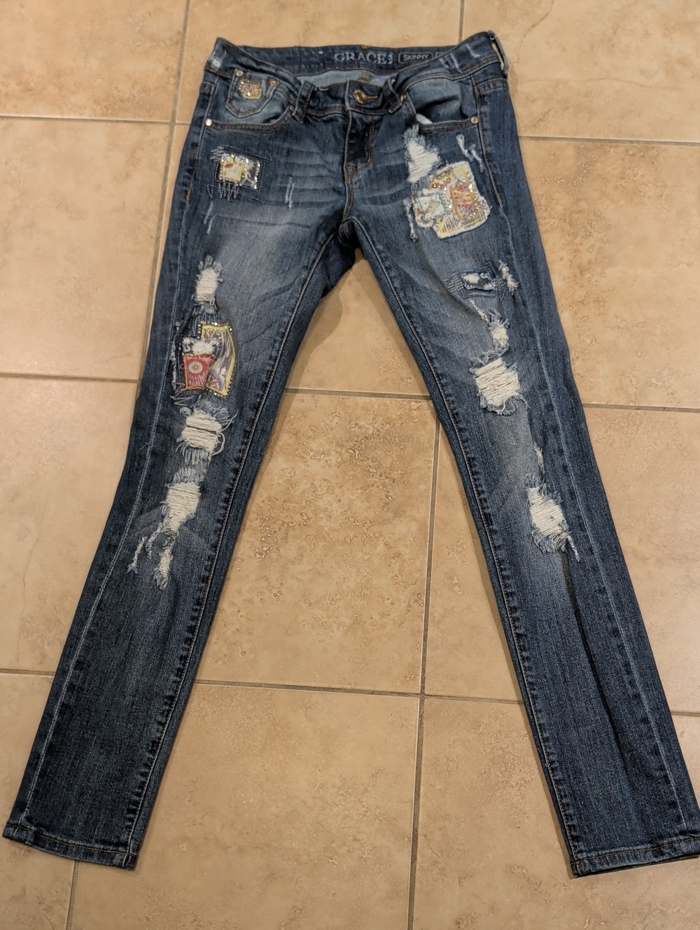 Grace in LA Patchwork Distressed Boho Skinny Jeans Size 27